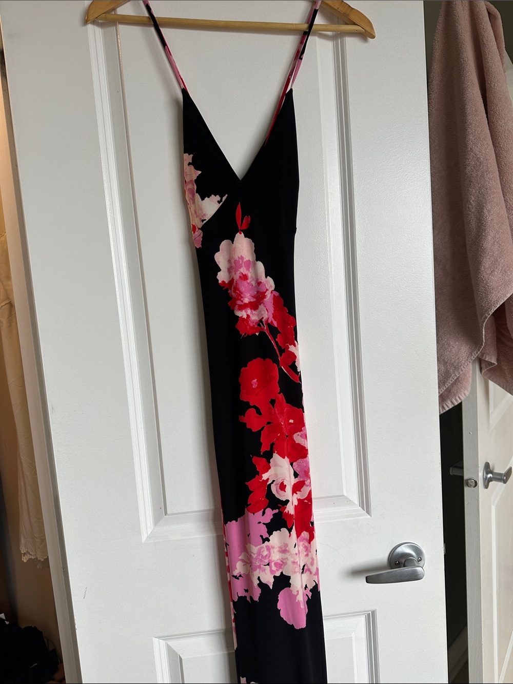 Norma Kamali Black Maxi Slip Dress with Pink & Red Floral Print
NEW